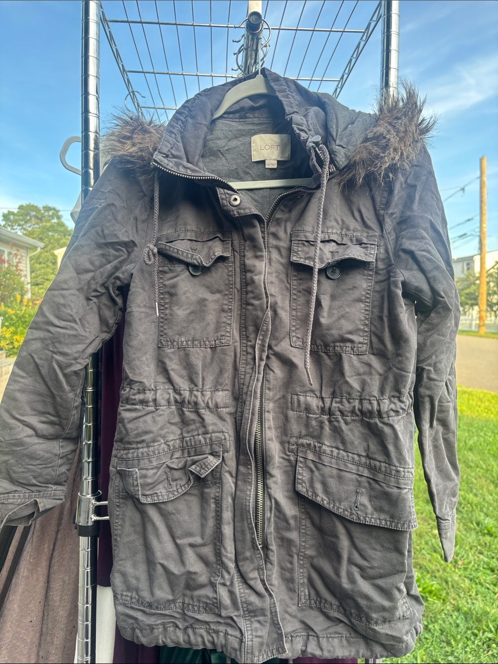 LOFT Utility Hooded Parka Jacket in Charcoal Gray with Faux-Fur Trim
